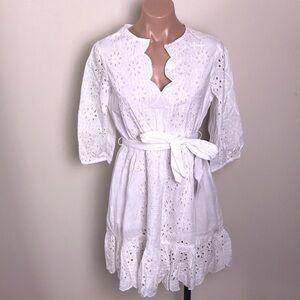 J. Crew Eyelet Ruffle Scalloped White Dress Tie